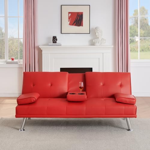 KEIKI 67" Leather Folding Futon Sofa w/Cup Holder & Adjustable Backrest, Mid Century Modern Couch Loveseat Convertible to Sleeper Bed, Comfy Cloud Couch SofaBed for Living Room & Bedroom, Red