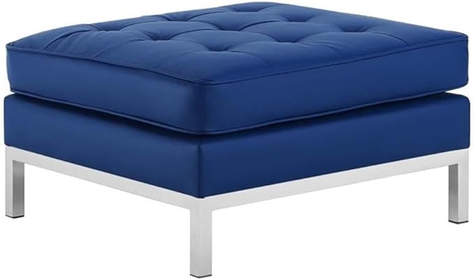 Modway EEI-3394 Loft Tufted Button Faux Leather Upholstered Square Ottoman in Silver Navy