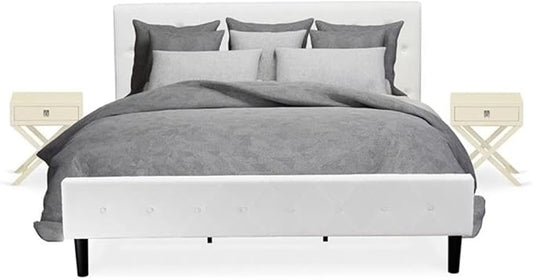 East West Furniture NL19K-2HA05 3 Piece Bedroom Set - King Size Button Tufted Bed - Linen white Velvet Fabric Upholstered Headboard and a linen white Finish Nightstand