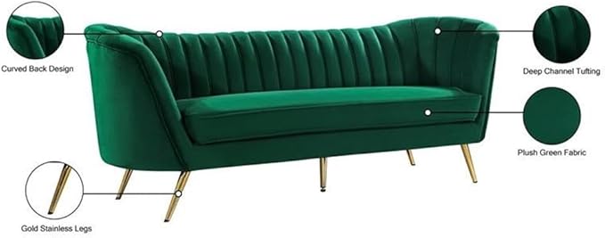 Meridian Furniture Margo Collection Modern | Contemporary Velvet Upholstered Sofa with Deep Channel Tufting and Rich Gold Stainless Steel Legs, Green, 88" W x 30" D x 33" H