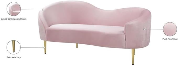 Meridian Furniture Ritz Collection Modern | Contemporary Velvet Upholstered Loveseat with Sturdy Metal Legs in Rich Gold Finish, Pink, 67" W x 31.75" D x 30.5" H