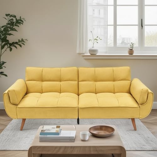 Convertible Futon Sofa Bed, Modern Futon Couch with 2 Pillows, Small Futons Couch with Adjustable Armrest & Backrest, Loveseat Sofa Bed for Living Room, Bedroom, Yellow