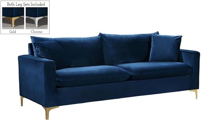 Meridian Furniture Naomi Collection Modern | Contemporary Navy Velvet Upholstered Sofa with Stainless Steel Base in a Rich Gold or Chrome Finish,