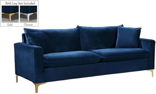 Meridian Furniture Naomi Collection Modern | Contemporary Navy Velvet Upholstered Sofa with Stainless Steel Base in a Rich Gold or Chrome Finish,