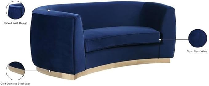 Meridian Furniture Julian Collection Modern | Contemporary Velvet Upholstered Loveseat with Stainless Steel Base in Rich Gold Finish, Navy, 70"L x 34"D x 28"H