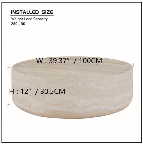 39.37" Round Coffee Table in Faux Marble, Stone Coffee Table, Modern Fiberglass Drum Table, Center Table for Living Room, No Assembly.