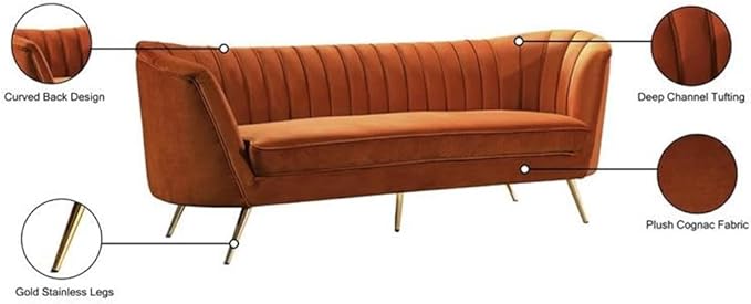 Meridian Furniture Margo Collection Modern | Contemporary Velvet Upholstered Sofa with Deep Channel Tufting and Rich Gold Stainless Steel Legs, Cognac, 88" W x 30" D x 33" H