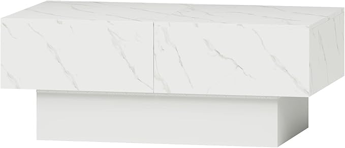 White Marble LED Coffee Table with Storage for Living Room, Living Room Table Rectangular Center Table, Modern High Glossy Wooden Coffee Tables for Dining Reception Room