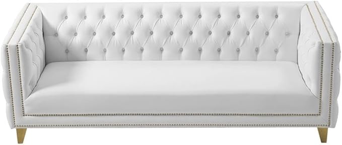 Meridian Furniture 651White-S Michelle Collection Modern | Contemporary Sofa with Deep Button Tufting, Gold Nailhead Trim and Sturdy Gold Iron Legs, White Vegan Leather, 90" W x 34" D x 30" H