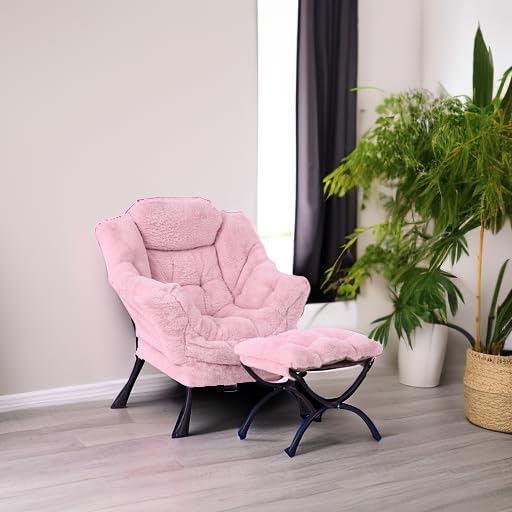 MBOOYOME Lazy Chair with Folding Ottoman, Modern Accent Lounge Armchair with Armrests and a Side Pocket & Foldable Footstool, Leisure Reading Chair for Living Room, Bedroom, Dorm & Office, Plush Pink