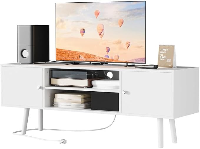 Cozy Castle TV Stand for 48-55 Inch TV, Mid Century Modern Entertainment Center with Storage Cabinet, TV Media Console with Charging Station for Living Room (White, 53.1" W x 15.7" D x 19.7" H) by CozyCastle