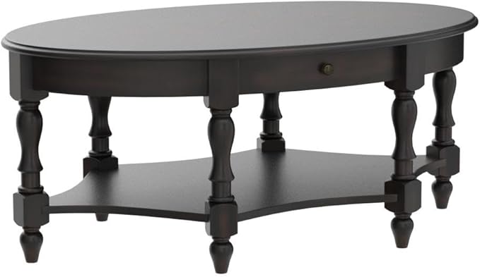 MODERION Coffee Table with Drawer, Solid Wood Oval Center Table with Storage Shelf, Traditional Living Room Table with Elegant Vintage Style, Easy Assembly, 45” x 27.6” x 18.2” Retro Walnut KFZ2233DC