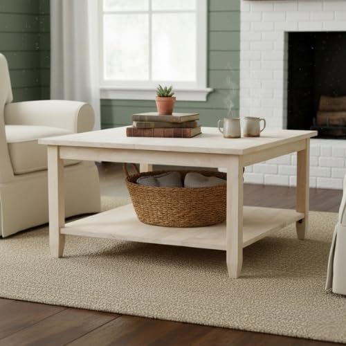 IC International Concepts, Solano Square Coffee Table, Solid Real Wood, Sturdy Parawood, Living Room/Family Room/Entryway, 32"W x 32"D x 18"H with Shelf, Paint/Stain Ready, Unfinished