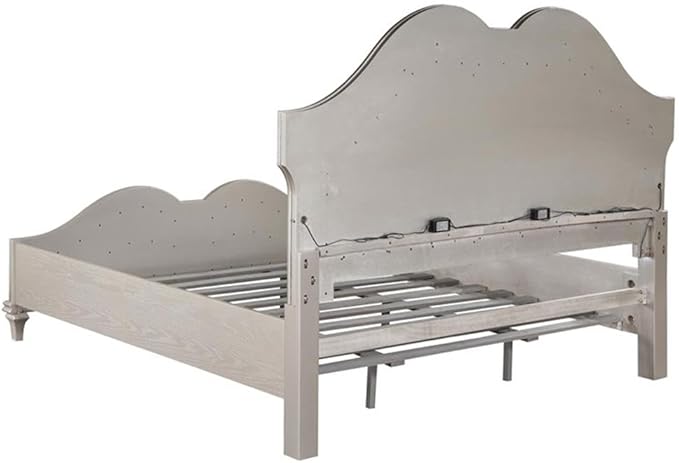 MAKLAINE 5-Piece Glam Wood Queen Bedroom Set, Silver Oak Finish, Ivory Upholstered Bed, Nightstand with USB Ports, Dresser with Jewelry Tray, Beveled Mirror, Chest; Elegant Storage Furniture for