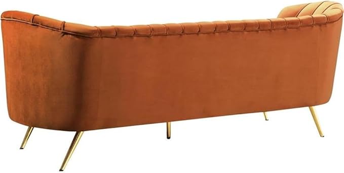 Meridian Furniture Margo Collection Modern | Contemporary Velvet Upholstered Sofa with Deep Channel Tufting and Rich Gold Stainless Steel Legs, Cognac, 88" W x 30" D x 33" H