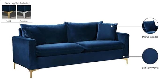 Meridian Furniture Naomi Collection Modern | Contemporary Navy Velvet Upholstered Sofa with Stainless Steel Base in a Rich Gold or Chrome Finish,
