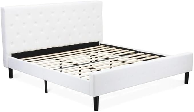 East West Furniture NL19K-2HA05 3 Piece Bedroom Set - King Size Button Tufted Bed - Linen white Velvet Fabric Upholstered Headboard and a linen white Finish Nightstand
