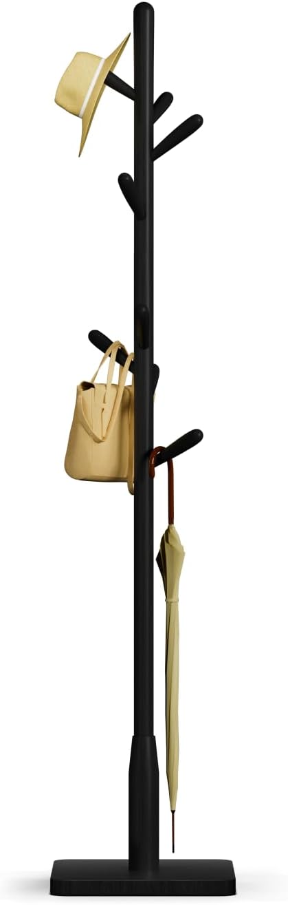 Solid Wood Square Base Coat Rack, Free Standing Hall Coat Tree with 8 Hooks（+2 spare for Coats, Hats, Bags, Purses, for Entryway, Hallway, Rubberwood Hooks,Base and Pole,(Square Base, Black) by Unknown