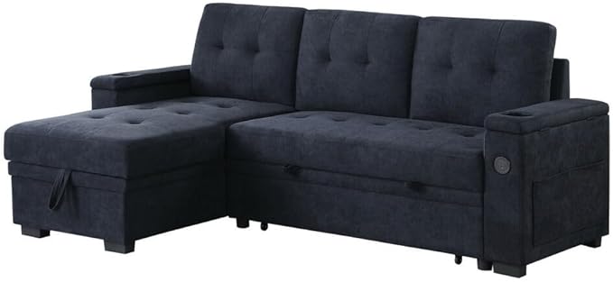 ERYE 84-Inch Multifunctional L-Shaped Sleeper Sectional Sofa with Reversible Storage Chaise, Tufted Corner Pull Out Sleeper Couch Bed W/Cupholders,USB-C Ports and Storage Armrests