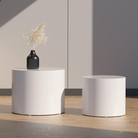 Small Coffee Table Nesting End Table Set of 2, Round Coffee Table Wood Side Table Circle Accent Tables for Small Spaces Living Room Bedroom Balcony Office, White