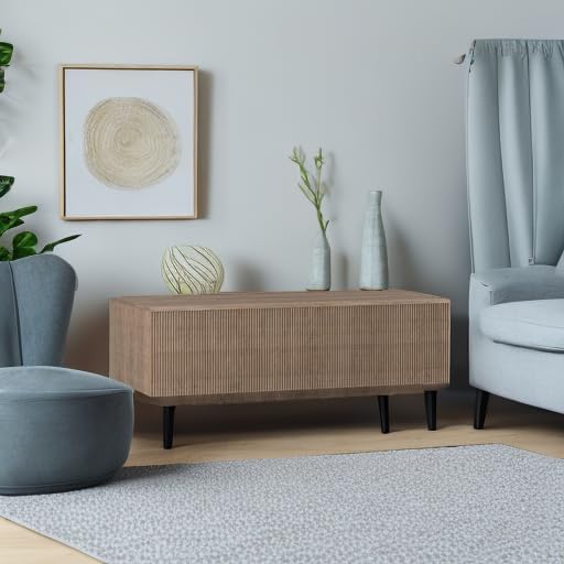 Henn&Hart 48" Fluted Rectangular Low-Profile Coffee Table with Ribbed Sides for Living Room, Family Room, or Office, Weathered Gray