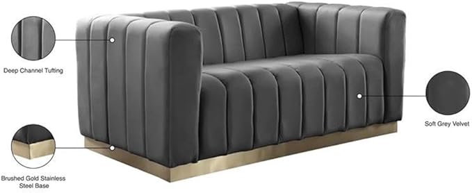 Meridian Furniture 603Grey-L Marlon Collection Modern | Contemporary Velvet Upholstered Loveseat with Deep Channel Tufting, Stainless Steel Base in a Brushed Gold Finish, Grey, 62.5" W x 34" D x 28" H