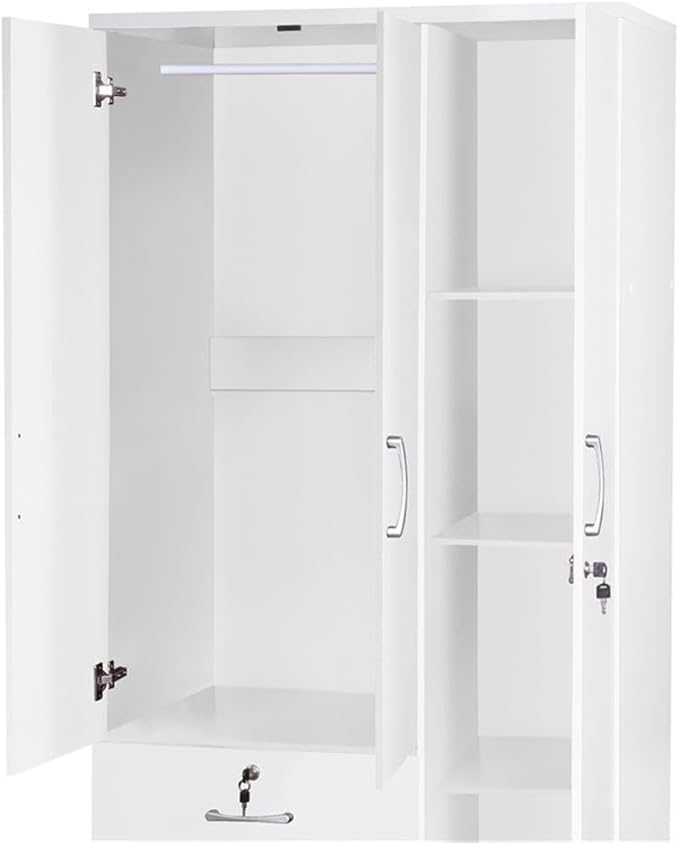 Pemberly Row Modern 2 Drawer Wooden Wardrobe Armoire Closet, White Finish, 72” H x 36” W x 20” D, Engineered Wood, Garment Rod, 3 Shelves, Silver Handles, Bedroom Storage Furniture