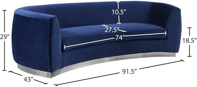 Meridian Furniture Julian Collection Modern | Contemporary Velvet Upholstered Sofa with Stainless Steel Base in Polished Chrome Finish, Navy, 91.5" W x 36" D x 28" H