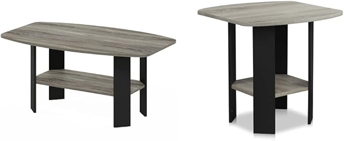 Furinno Coffee Table and End Table Set, French Oak Grey/Black
