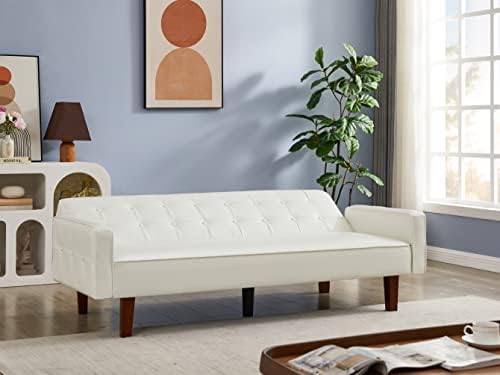 Modern PU Leather 3-Seat Couch, Adjustable Backrest Convertable Sofa, Sleek Minimalist Fold Out Couch Loveseat with Armrests, Sofa for Living Room Home Office Spaces, White