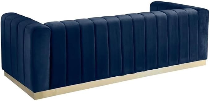 Meridian Furniture 603Navy-S Marlon Collection Modern | Contemporary Velvet Upholstered Sofa with Deep Channel Tufting, Stainless Steel Base in a Brushed Gold Finish, Navy, 86.5" W x 34" D x 28" H