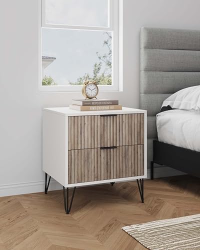 Manhattan Comfort Dumbo Fluted Nightstand with 2 Drawers, Gold Metal Legs and Metal Handles, Tool-Free Assembly Modern Bedside Accent Table with Storage for Bedroom, Living Room in White & Rustic Grey - Image 2
