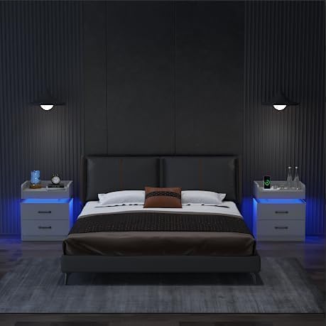 4ever2buy Grey Nightstand Set of 2 with Charging Station and LED Lights Modern Bedside Tables with 2 Drawers for Bedroom - Image 8