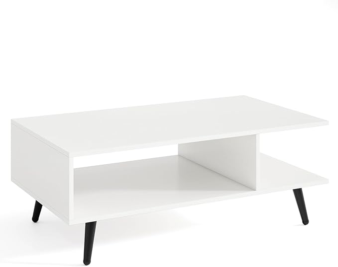 GOFLAME Wood Coffee Table, 2-Tier Mid Century Modern Center Table with 2 Open Storage Compartments & Metal Legs, Rectangular Accent Tea Tables for Living Room, Home Office, Apartment, White