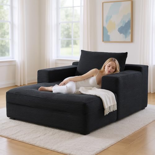 Monroe Convertible Chaise Lounge Chair Indoor – Oversized Corduroy Couch with Wide Armrest & Throw Pillows, Cozy Boneless Sleeper Sofa Bed Armchair, Black