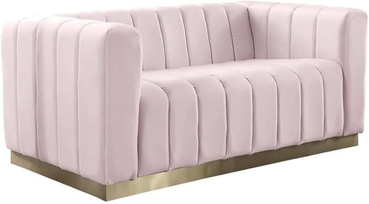 Meridian Furniture 603Pink-L Marlon Collection Modern | Contemporary Velvet Upholstered Loveseat with Deep Channel Tufting, Stainless Steel Base in a Brushed Gold Finish, Pink, 62.5" W x 34" D x 28" H