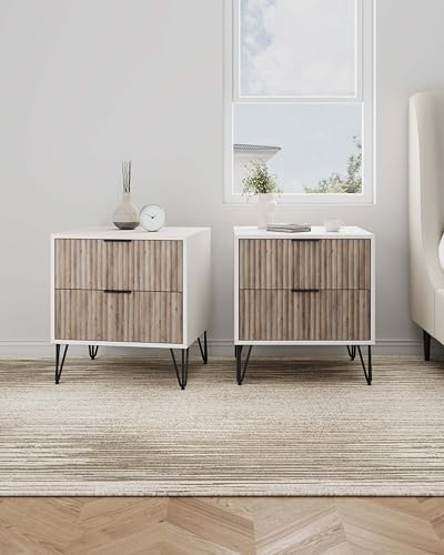 Manhattan Comfort Dumbo Modern Nightstand 2.0 with 2 Drawer & Metal Feet | Splayed Gold Legs | Vertical Ribbed Design | No Tool Assembly Storage for Bedroom, Set of 2, Set of 2, White and Rustic Grey - Image 2