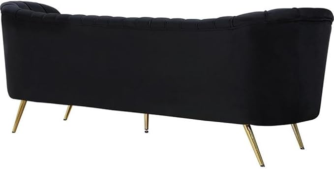 Meridian Furniture Margo Collection Modern | Contemporary Velvet Upholstered Sofa with Deep Channel Tufting and Rich Gold Stainless Steel Legs, Black, 88" W x 30" D x 33" H