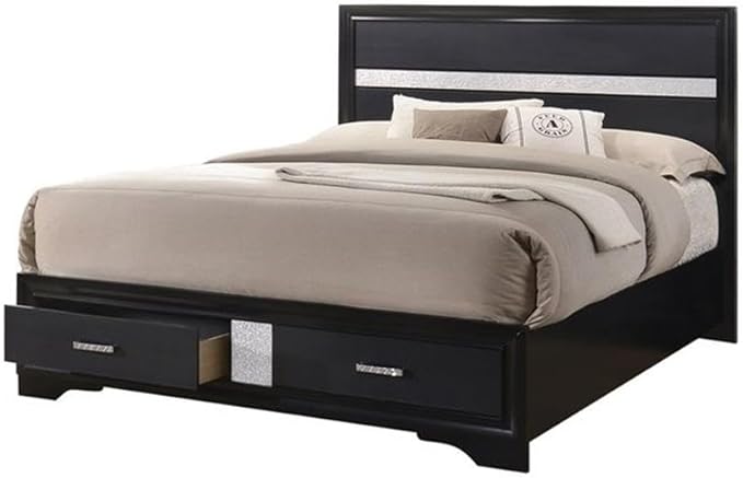 Maklaine 5-Piece Queen Platform Storage Bedroom Set, Solid Asian Hardwood, Black Finish, Bed with Footboard Storage, Nightstand, Dresser, Mirror, Chest, Contemporary Glam Style, Hidden Jewelry Drawers