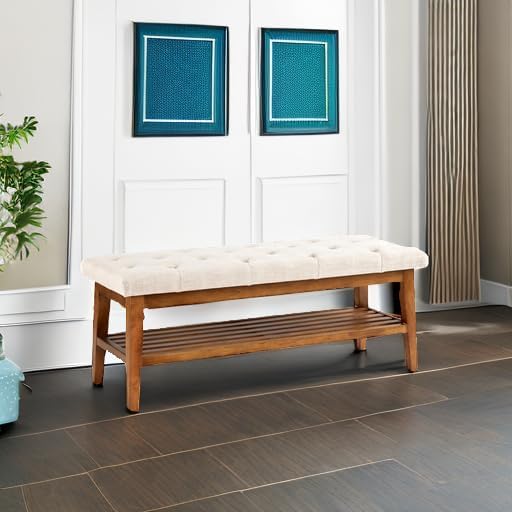 HUIMO Entryway Shoe Bench, End of Bed Bench,Upholstered Button-Tufted Bench for Kitchen, Fabric Ottoman Bench for Living Room, Padded Bench with Solid Wood Shelf Beige - Image 5