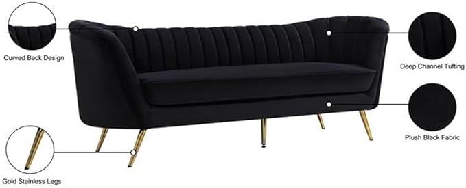 Meridian Furniture Margo Collection Modern | Contemporary Velvet Upholstered Sofa with Deep Channel Tufting and Rich Gold Stainless Steel Legs, Black, 88" W x 30" D x 33" H