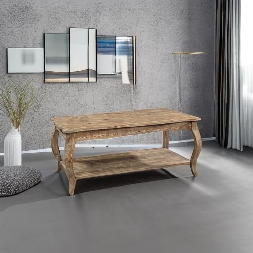 Alaterre Furniture Austerity 42-Inch Rustic Coffee Table with Open Shelf, Curved Legs, and Scalloped Edge - Easy Assembly Reclaimed Wood Living Room Table - Farmhouse Furniture (Driftwood Finish)