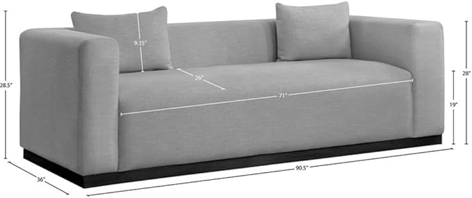 Meridian Furniture 642Grey-S Alfie Collection Modern | Contemporary Sofa with Rich Grey Linen Textured Fabric, Black Finish Solid Wood Base, 90.5" W x 36" D x 28.5" H, Grey