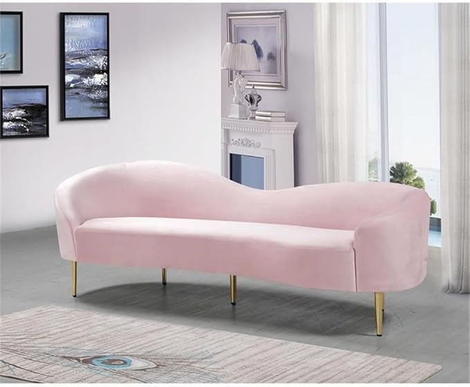Meridian Furniture Ritz Collection Modern | Contemporary Velvet Upholstered Sofa With Sturdy Metal Legs in Rich Gold Finish, Pink, 85.5" W x 31.75" D x 30.5" H