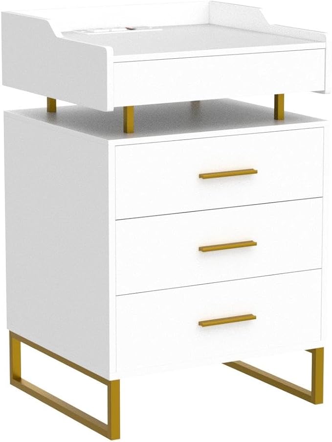 BTHFST LED Nightstand with Charging Station, Large Night Stand with 3 Drawers and 1 Pull-Out Tray, Modern Bedside Table with LED Lights, End Side Table with Storage, White and Gold - Image 5