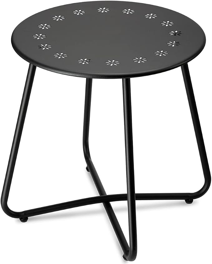 danpinera 2 Outdoor Side Tables with Flower Cut Outs, Weather Resistant Steel Patio Side Table, Small Round Outdoor End Table Metal Side Table for Patio Yard Balcony Garden Black, Set of 2 by danpinera