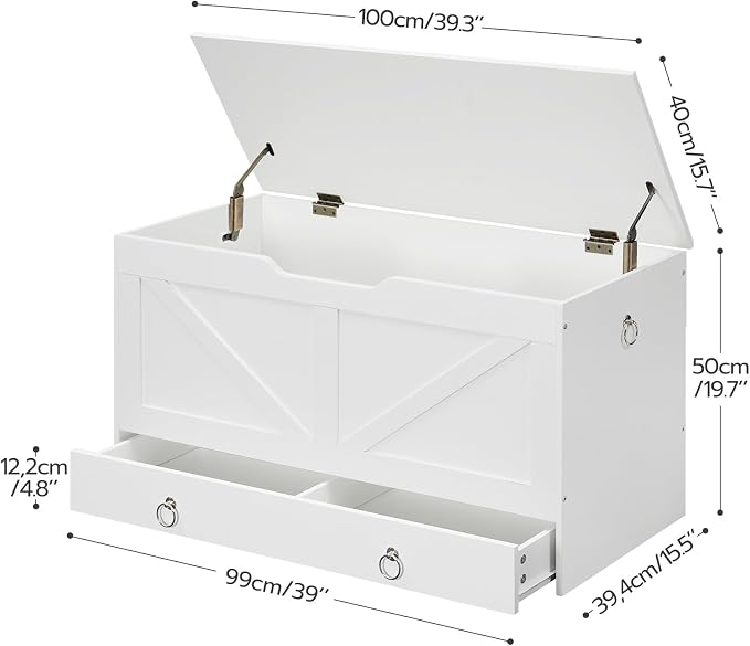 HOOBRO Storage Chest, 39.3" Toy Chest with Drawer, Wooden Storage Bench, Sturdy Entryway Bench Supports 220 lb, Shoe Bench, Safety Hinge, U-Shaped Opening, Easy Assembly, White WT710CW01G1 - Image 3