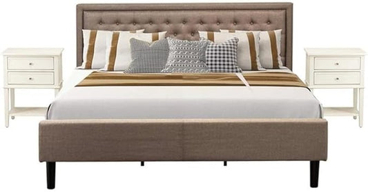 East West Furniture KD16K-2VL0C 3 Piece Wooden Bedroom Set - 1 Modern Bed Frame Brown Linen Fabric Padded and Button Tufted Headboard with 2 Night Stand - Wire Brushed Butter Cream Finish Nightstand