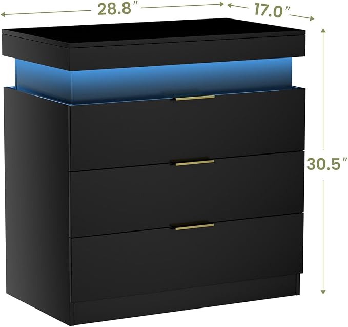 Black Nightstand with Charging Station and LED Lights,30.5 Inch Tall Night Stand with Sliding Top for Bedroom, Bedside Table with 3 Drawers, Modern End Side Table for Living Room - Image 2