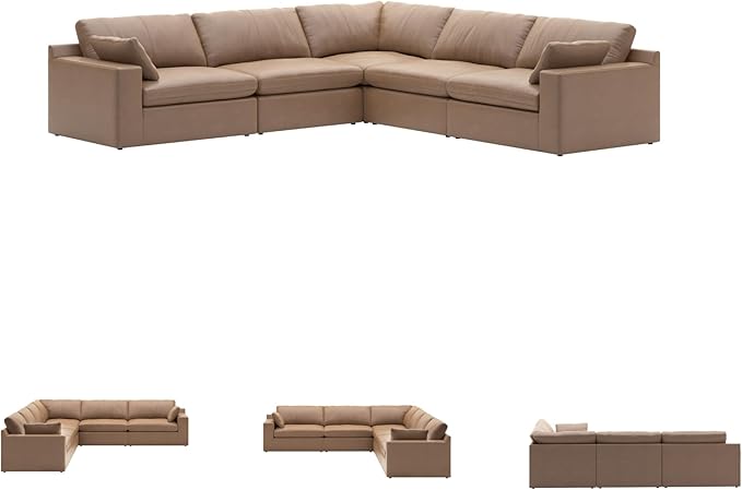 Signature Design by Ashley Emilia Modern Modular Leather Match 5-Piece Sectional with Loose Back Cushions and 2 Bolster Pillows, Light Brown